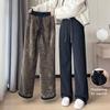 Women Corduroy Pants Elastic High Waist Straight Wide Leg Long Trousers Solid Color Thickened Fleece Lined Pants
