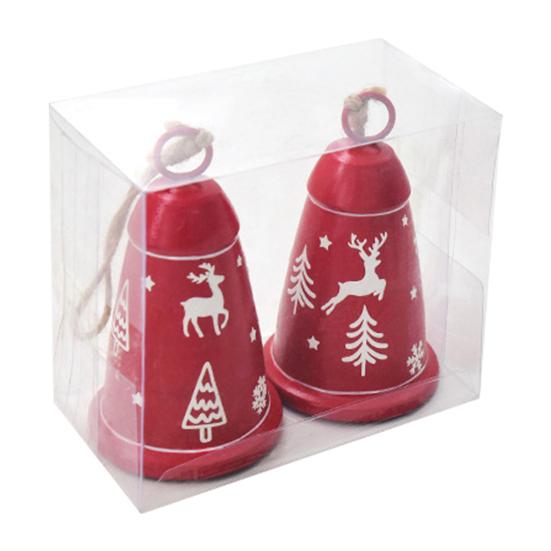 2 Pcs Red Christmas Bells Ornament Vintage Rustic Hanging Bell with Snowflake Reindeer Tree Pattern Handmade Lucky Bell for Home Tree Decor
