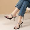 Open Toe Square Toe Flip-Flops Women Summer New Rhinestone Slender Strap Cover Foot Wear Non-slip Stiletto Heels