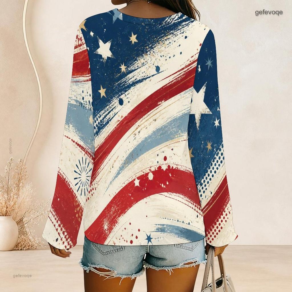 Women Plus Size V Neck Long Sleeve American Flag Printed Curved Hem Top