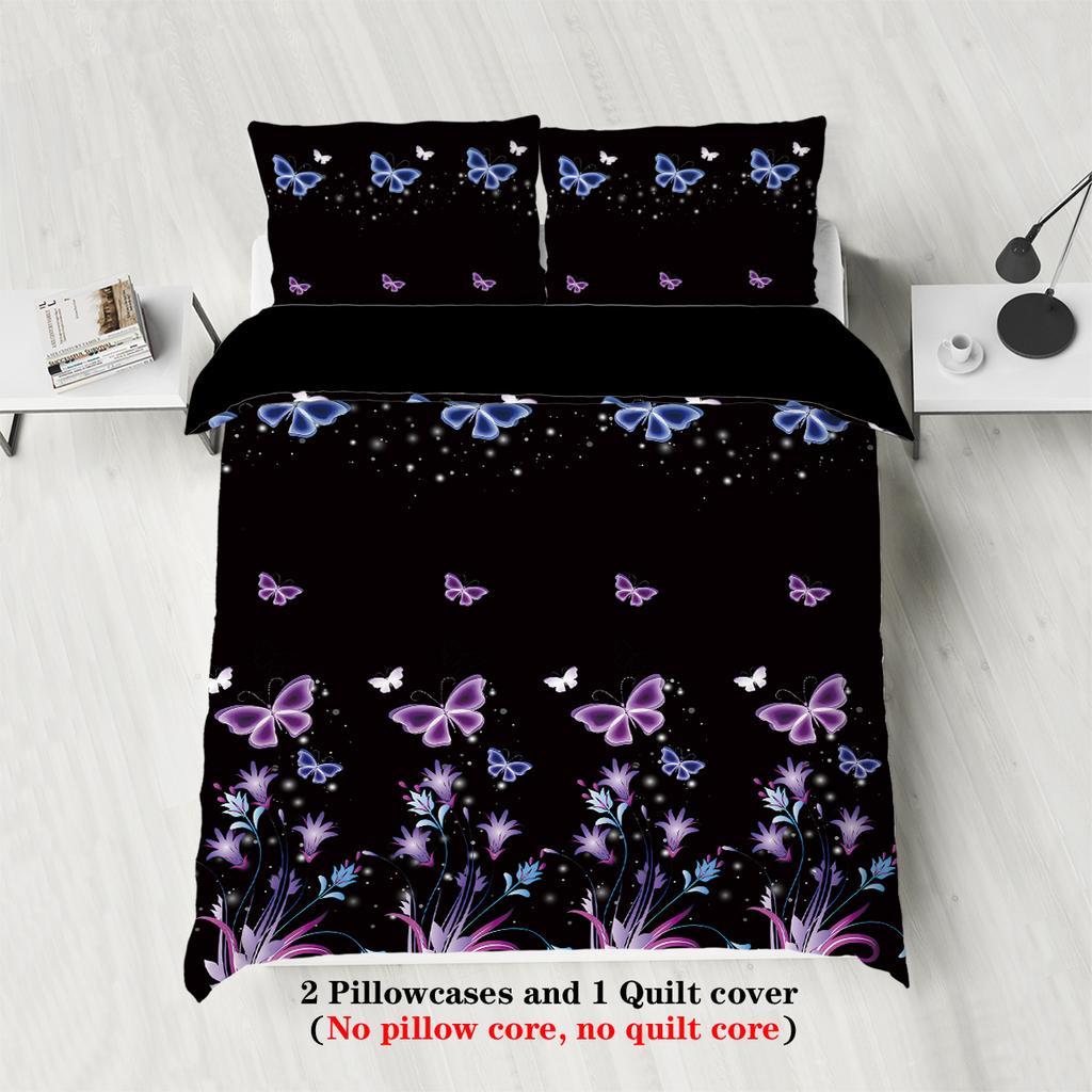 3pcs purple butterfly pattern printed bedding set, suitable for women bedroom, queen, king, twin bed, 1*duvet cover+2*pillowcase