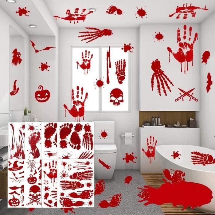 Autocollants muraux et de fenêtre - AIMOONSA - 8 feuilles - Empreintes de main sanglantes - Gouttes de sang - Rouge sanglant