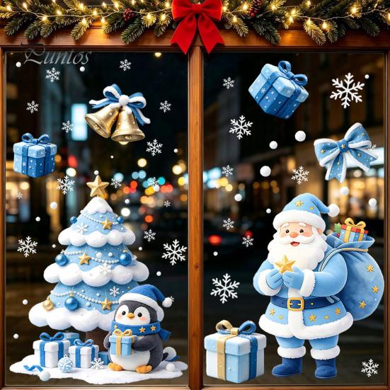 Сине-белые Рождественские Декорации Елка/Дед Мороз Наклейки на Окно, ПВХ Водонепроницаемые Статические Наклейки на Стекло, Наклейки для Зимнего Украшения Стен Дома Магазина на Праздник