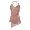 Womens Latin Dance Leotard Sleeveless Halter Neck Rhinestone Tassels Backless Competition Costume