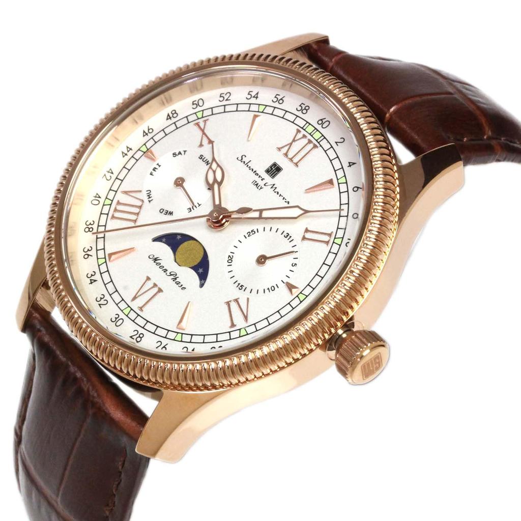 Watch Moon Phase Multi Calendar 5 ATM Water Resistant Business Formal Leather Belt Limited Model Pink Gold White [Salvatore Mara] Men's SM24110-PGWH