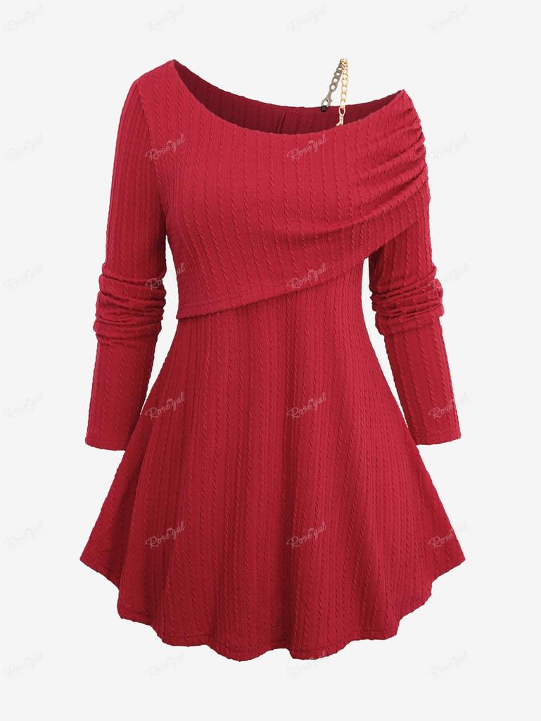 Rosegal Plus Size Одно плечо Текстурированный ребристый присборенный однотонный трикотажный топ с длинными рукавами и съемной цепочкой и пряжкой в виде сердца на поясе