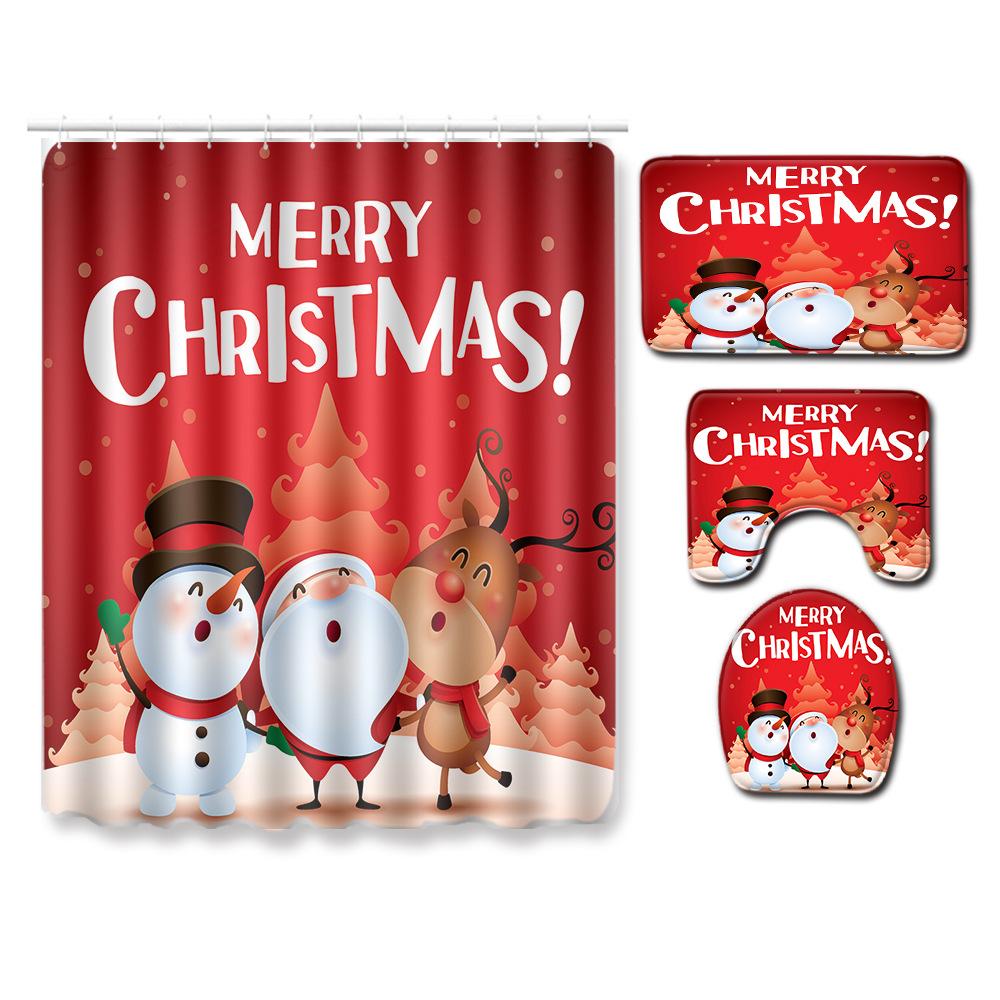 Christmas Bathroom Shower Curtain Toilet Floor Mat Four-Piece Bathroom Non-Slip Door Mat Kitchen Bedroom Absorbent Carpet