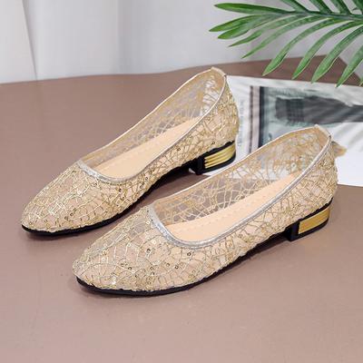 2025 Летние женские прозрачные туфли Женские дышащие сетчатые сандалии Женские праздничные туфли с пайетками на низком каблуке Женские серебристые сандалии большого размера