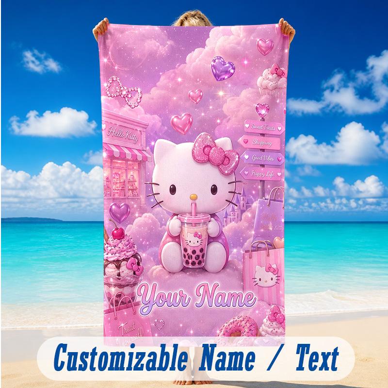 Beach Towel Custom Name Text, Quick Dry Large Towel For Beach HomeHello Kitty