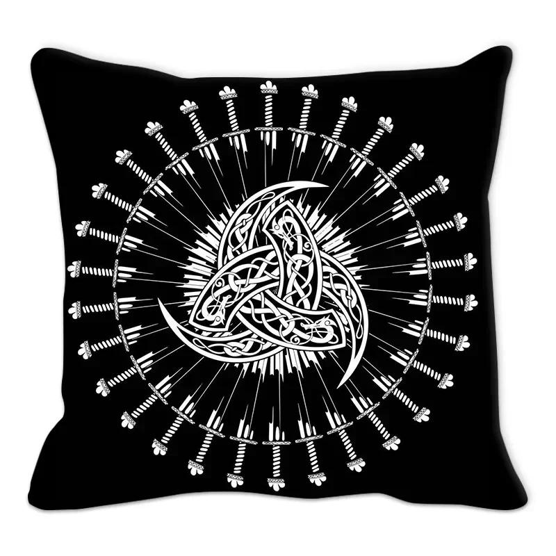 Funda de almohada con amuleto vikingo, cojín para sofá, decoración del hogar, funda geométrica en blanco y negro
