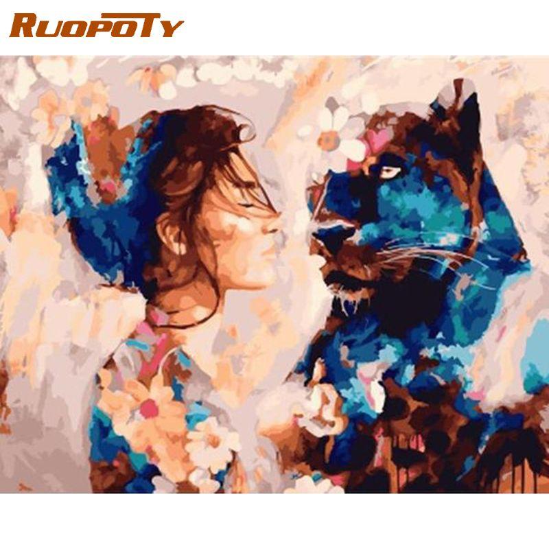 RUOPOTY Девушка и красочная фигурка льва, наборы для рисования по номерам, в рамке 60x75 см, DIY масляные краски, раскраска на холсте, домашний декор, искусство