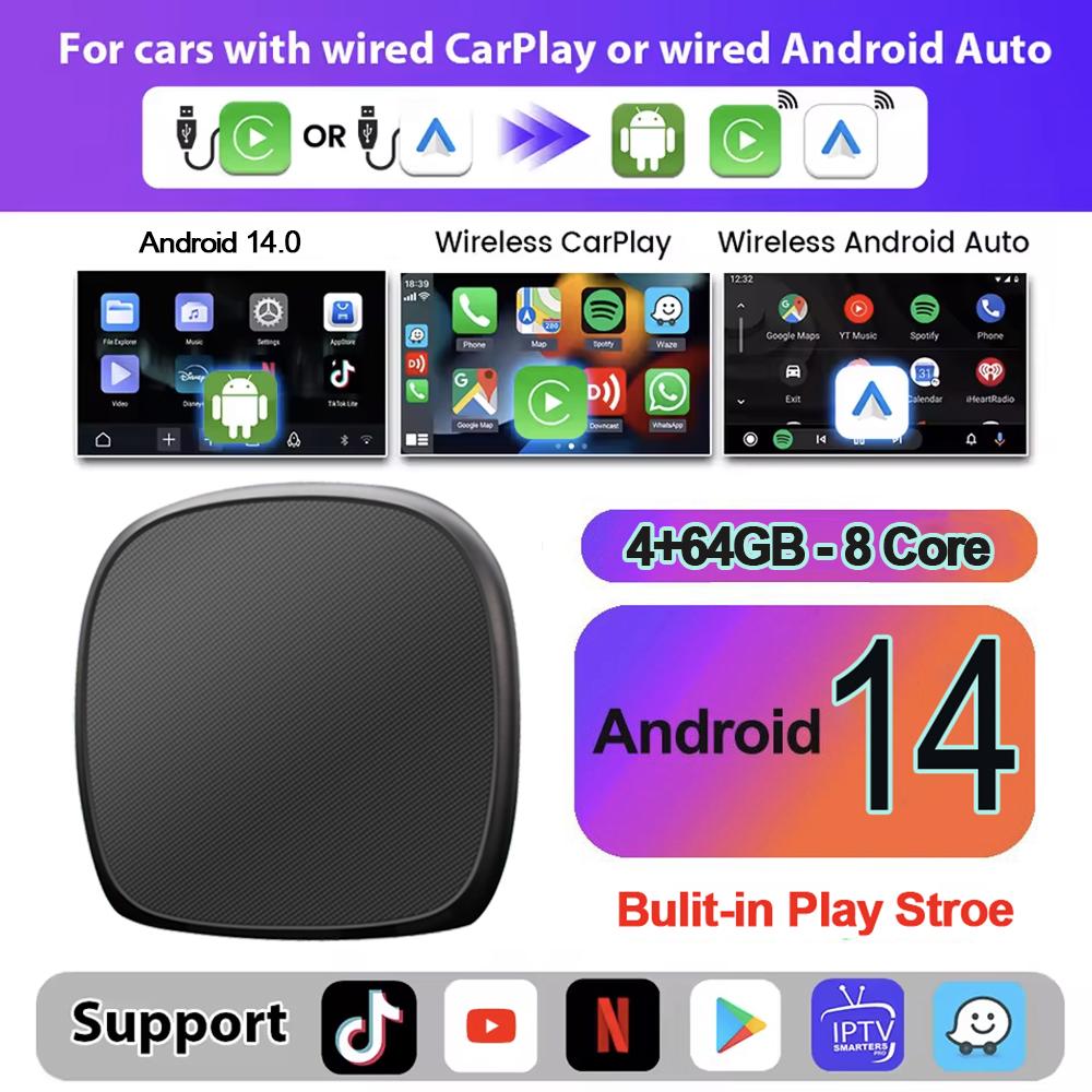 2025 8-ядерный AI Box для CarPlay Android 14.0 Беспроводной адаптер CarPlay Android Auto Поддерживает 4G SIM WIFI 2.4+GPS 8+128GB Обновление FOTA