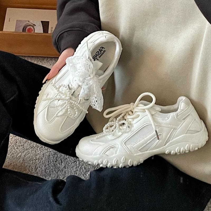 Балетки из кружева с жемчугом на платформе, женские весенние новые универсальные нишевые ретро спортивные туфли для отдыха