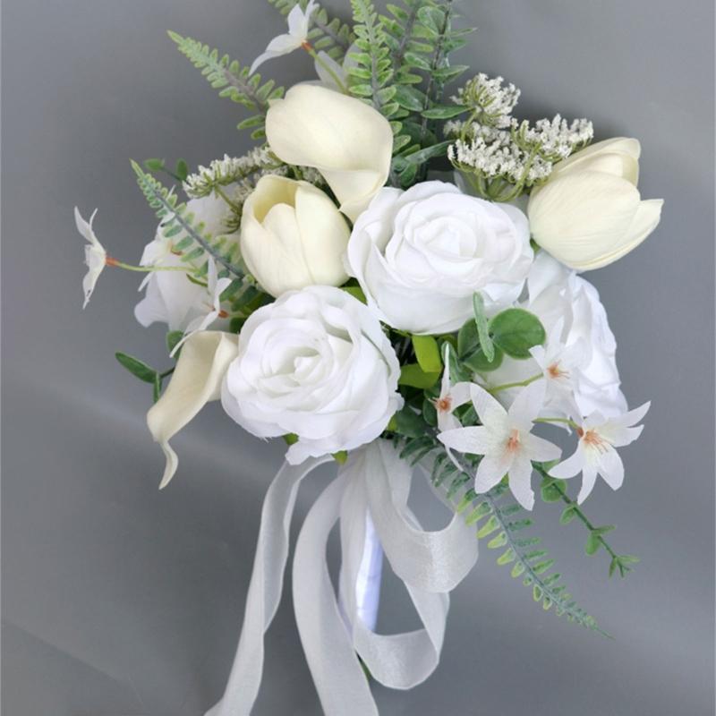 White Bridal Bouquets Wedding Bouquets with Ribbon for Bridal, Bridesmaids, Anniversary, Wedding Party Decorations