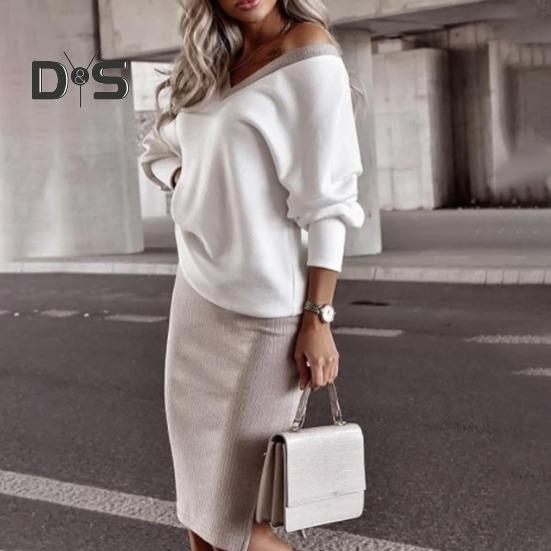 Fall Winter Women Top Skirt Set V Neck Long Sleeves Loose Elastic Blouse Knitted Sheath High Waist Slim Fit Knee Length Midi Skirt Sweater Top Skirt