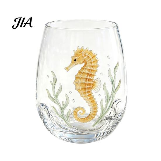Durable Thick Base Glass Cups Stemless Wine Glasses with Marine Animal Pattern, 420ml Capacity, High Borosilicate Decorative Aesthetic Water Tumblers