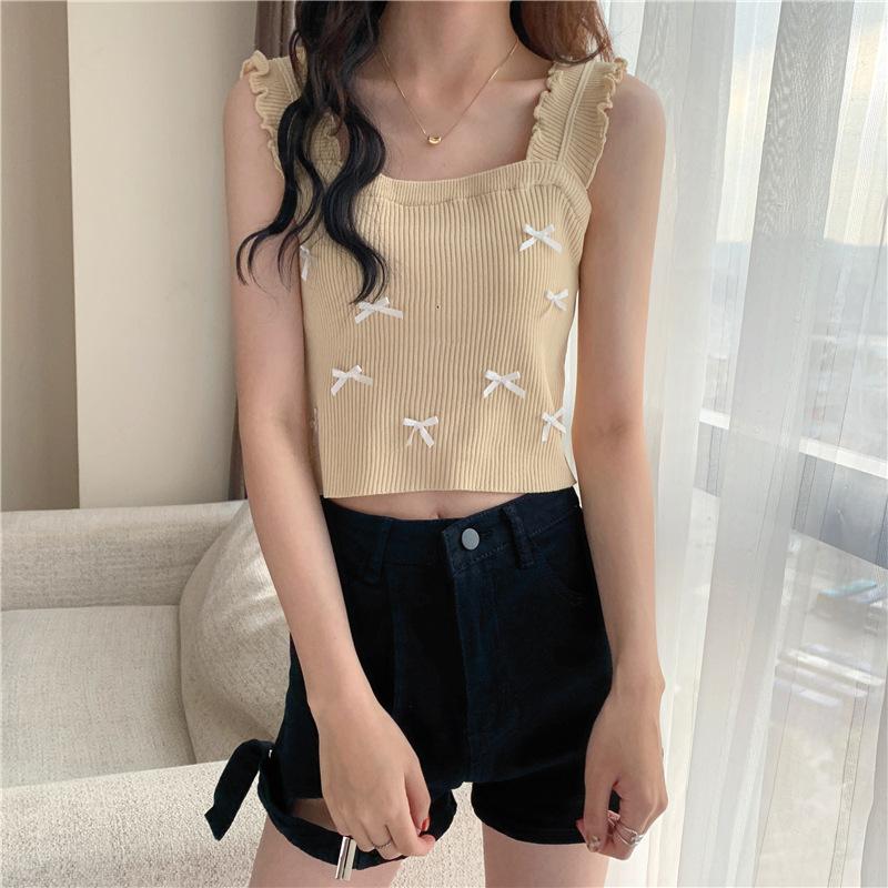 Летняя новая женская одежда корейской версии вязаного эластичного жилета с деревянными ушками и бантом с халтер-топом