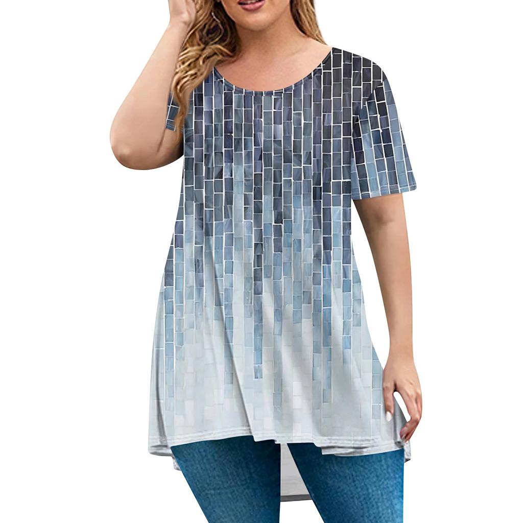 Women's Fashion Large Size Round Neck Short Sleeve Casual Print Loose Pullover Top