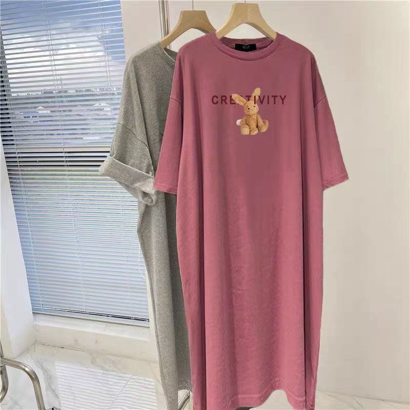 New Korean version medium and long temperament large size loose straight casual short-sleeved T-shirt dress children's summer ins tide