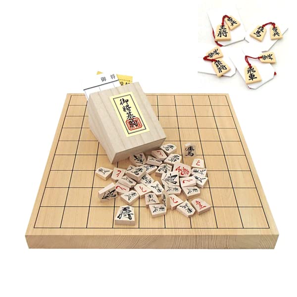 Wooden Shogi Set with 2 Original Aromatic and Brightly Colored Japanese Cypress Tabletop Joint Shogi Board and Pressed Shogi Pieces P-made Netsuke,