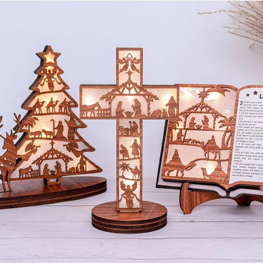 3D Рождественский деревянный вертеп с подсветкой, деревянный набор для Рождества, украшения для рождественских сцен со светодиодной подсветкой для украшений полок