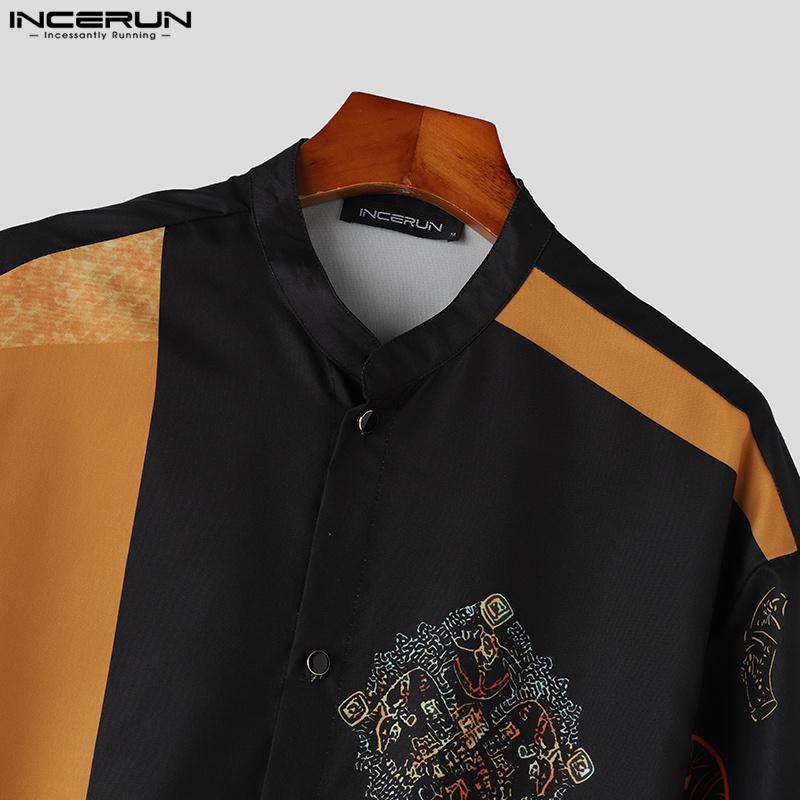 INCERUN Vinateg Men O Neck Short Sleeve Print Patchwork Shirt Chinese Style Tops