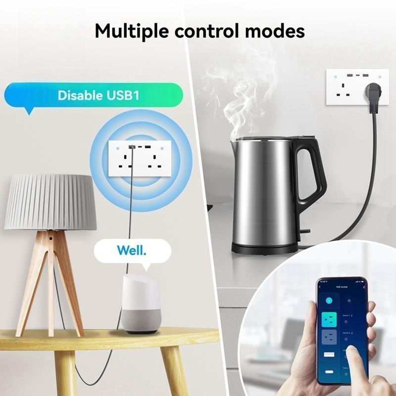 13A 2-way Smart Standard Wall Socket UK Outlet USB Type-C Charging Ports WiFi Remote Energy Monitoring Plug Touch Switch