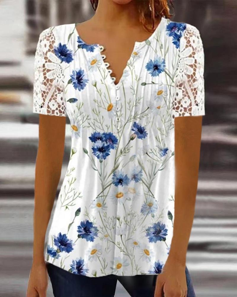 Женская повседневная однотонная футболка с короткими рукавами и плиссированной пуговицей с кружевными рукавами