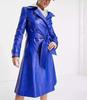Handmade Long Party Stylish Women Blue Trench Coat Leather Genuine Lambskin