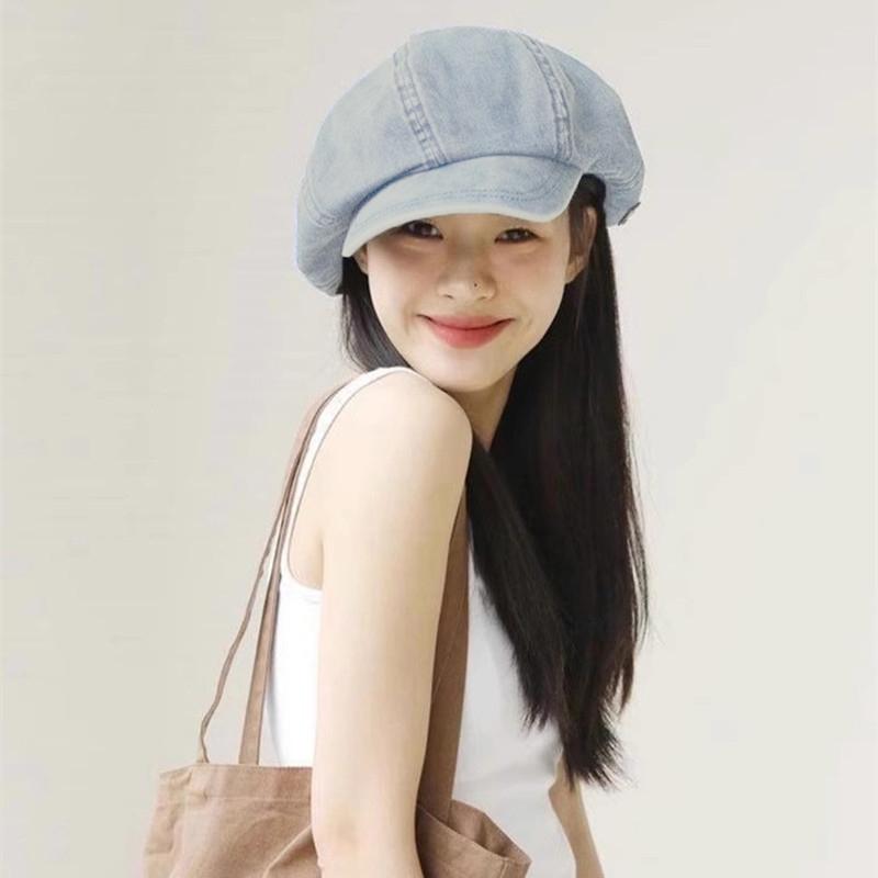 Женская шляпа художника в стиле ретро, ​​синяя шляпа, ковбойский берет, восьмиугольная шляпа, тонкая летняя выставка, маленькое лицо