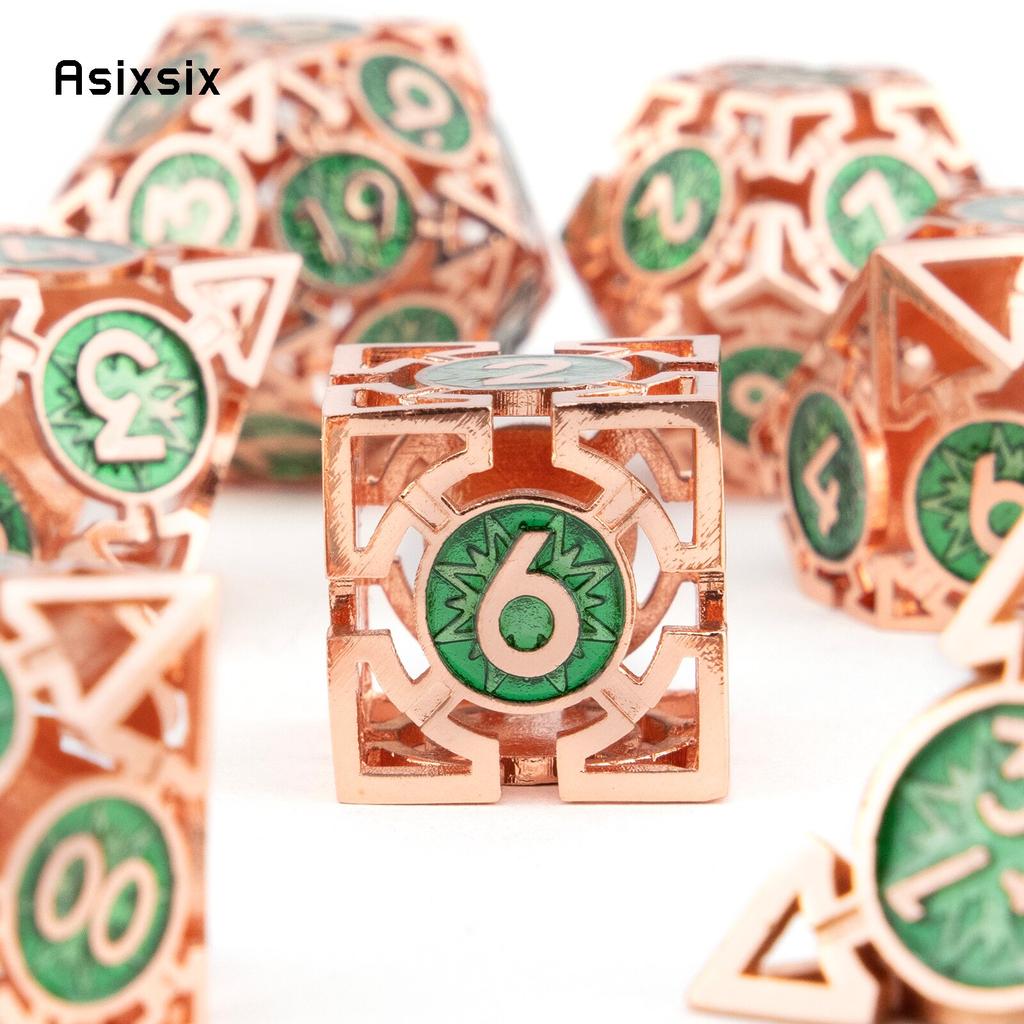 7 Pcs  Green Red Metal Dice Circular Hollow Metal Polyhedral Dice Set Suitable for Role-Playing RPG  Board Game Card Game