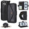 For iPhone 16 Leather Case Magnetic Closure Wallet Stand Phone Cover with Crossbody Strap