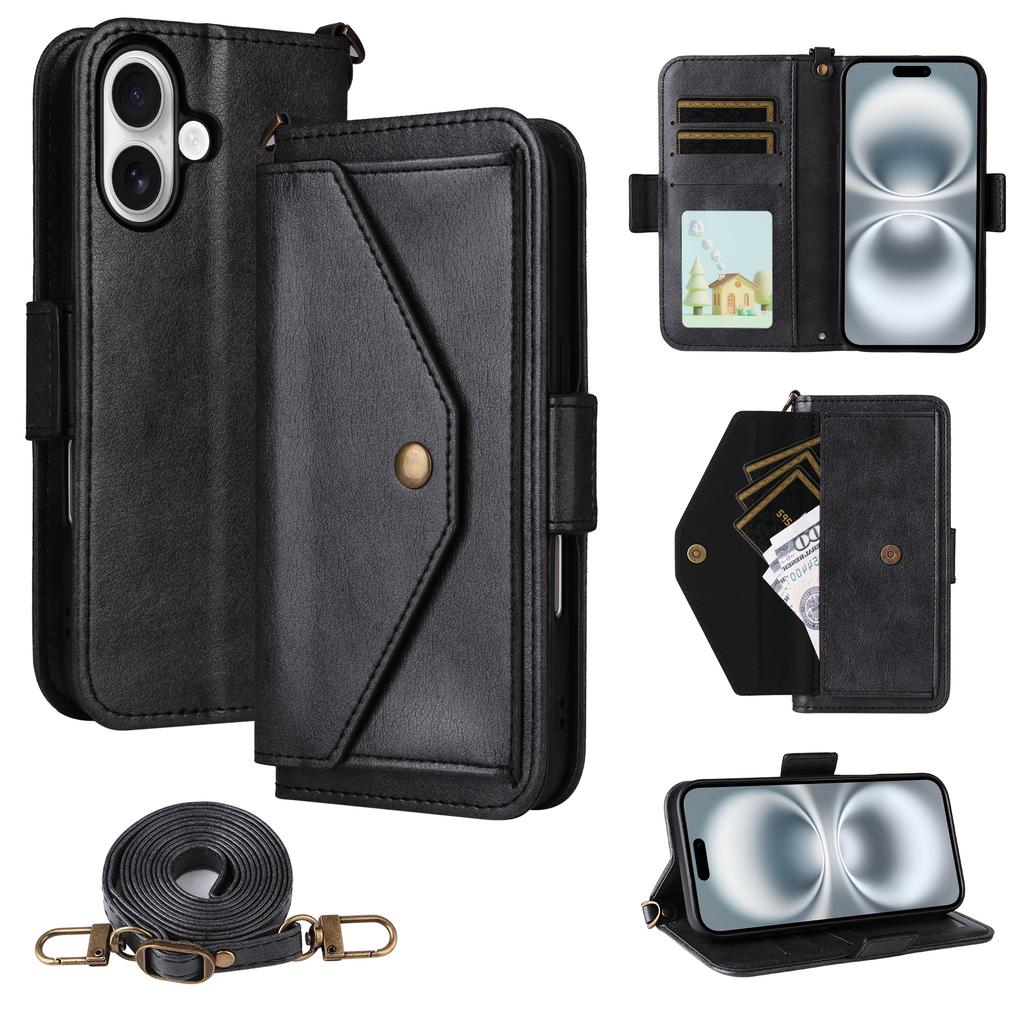 For iPhone 16 Leather Case Magnetic Closure Wallet Stand Phone Cover with Crossbody Strap