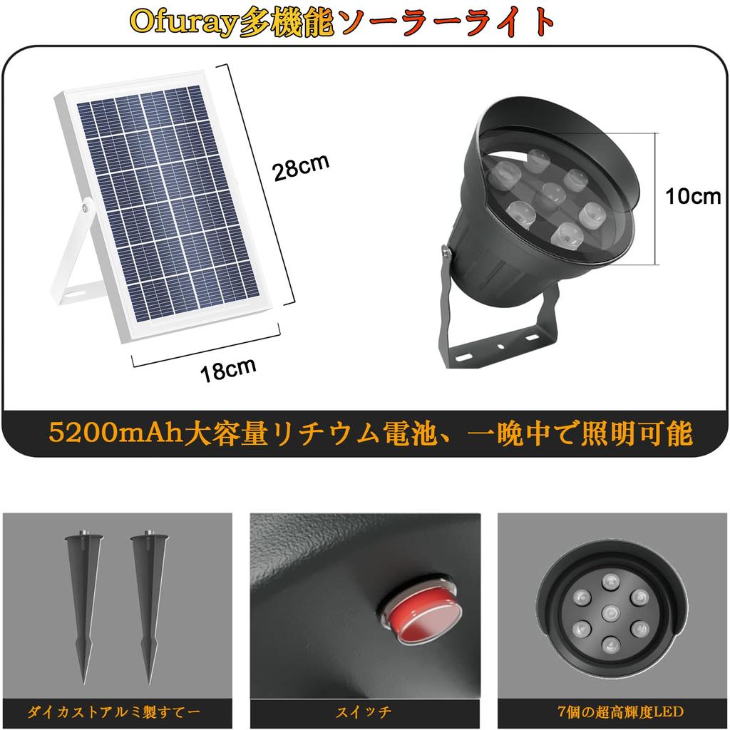 Ofuray Solar Самый яркий садовый 5200 мАч Большой до 15 часов мощного уличного солнечного Отдельный Алюминиевый сплав IP67 Регулируемый луч Загорается и