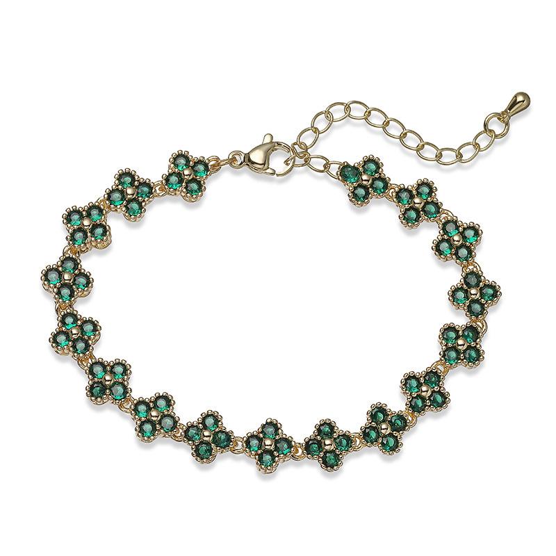 Elegant Light Luxury Women's Gold Plated Copper Bracelet Zircon Four-leaf Clover Necklace Flower Jewelry Set