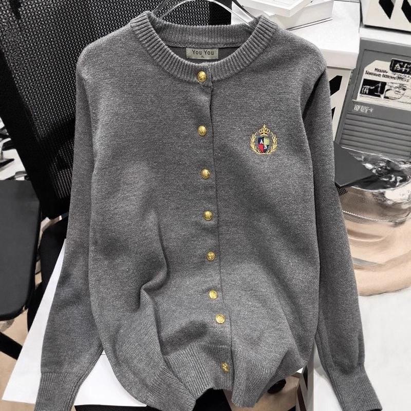 Женский кардиган большого размера в стиле ретро преппи с вышивкой - Весенняя повседневная приталенная вязаная верхняя одежда