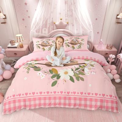 Homewish Милый комплект пододеяльника с животными для девочек, Розовый клетчатый комплект постельного белья, Пододеяльник с ленивцем, аксолотлем и слоном
