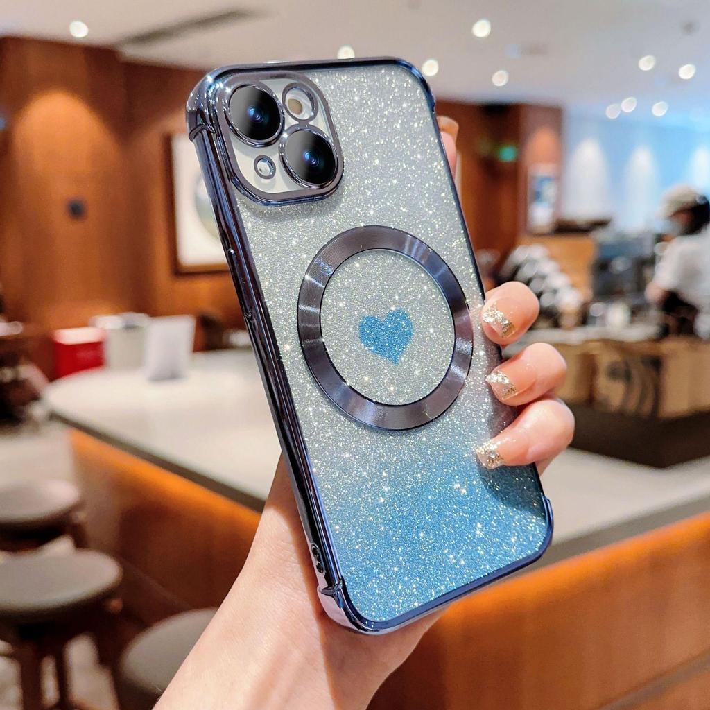 iPhone 15 Pro Магнитный чехол с градиентом в форме сердца и блестками - Мягкий, Защитный для Apple 13/11