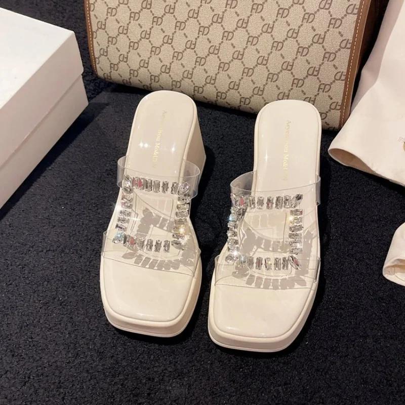 Women Platform Wedges Ssandals High Heels Shoes 2024 New Summer Flip Flops Beach Sandals Femme Designer New Dress Crystal Slides