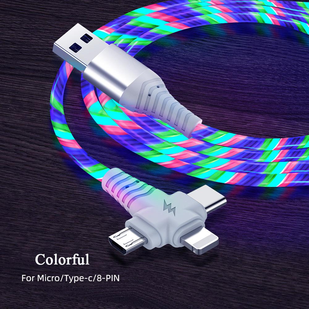 Светящийся USB-кабель 3-в-1, светодиодный кабель для зарядки смартфона, кабель USB-mini USB/C-type/8-pin для быстрой зарядки iPhone, Samsung, XIAOMI ONEPLUS