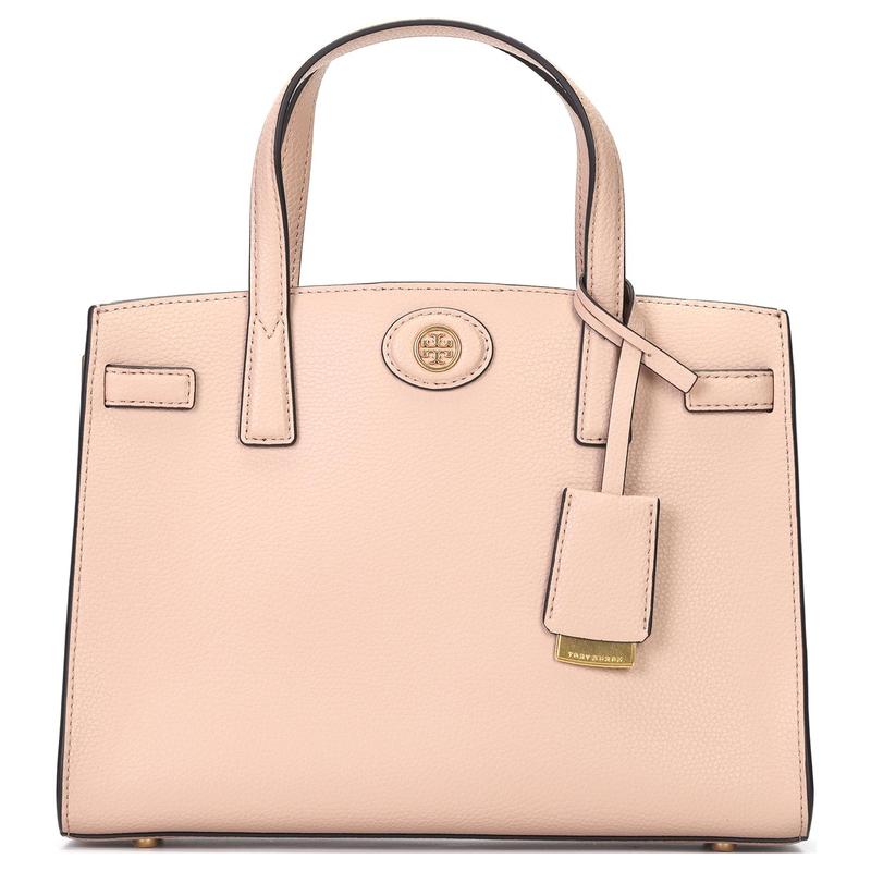 TORY BURCH Robinson detachable metal double T logo shoulder strap with color matching charm, pebbled leather, one-shoulder crossbody 143194-927-pink