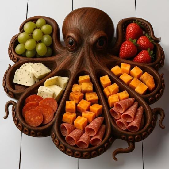 Блюдо для закусок «Осьминог» с вилкой, поднос для сырной доски в океанской тематике для мяса, сыра, фруктов, морепродуктов, деревянный сервировочный поднос, уникальный подарок