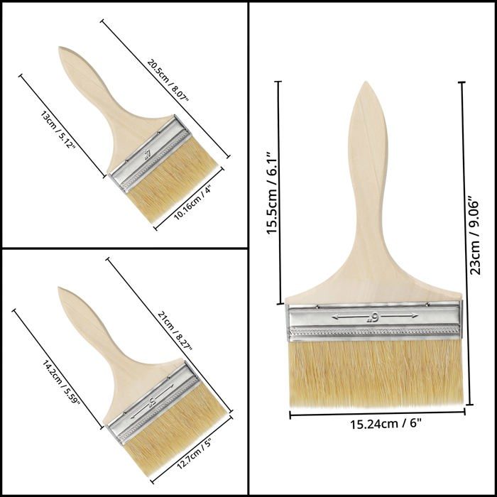 Lot de 6 pinceaux plats peinture (2x10,16 / 2x12,7 / 2x15,24 cm) - Manche bois, poils synthétiques