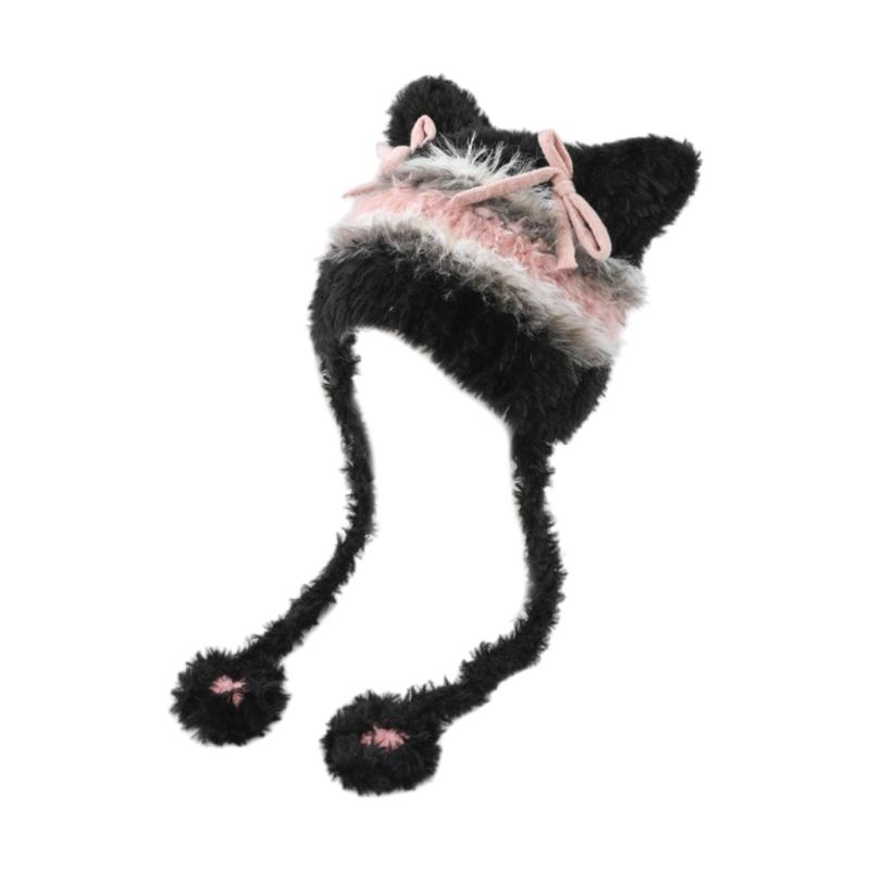 Furry Cartoon Head Cover with Ear for Outdoor Sports Striped Hat with Ear Oversized Headgear Hat for Winter