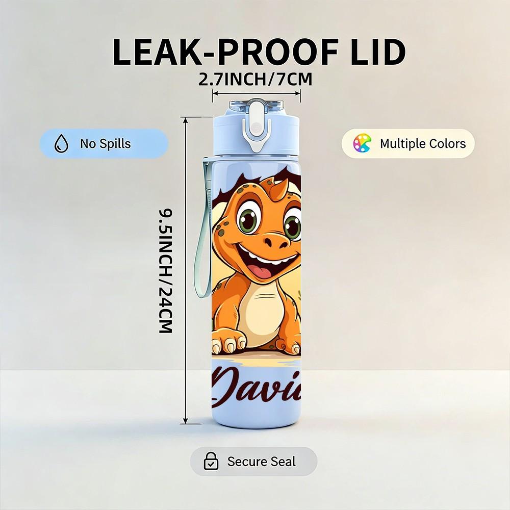 1PC Dinosaur Custom Name Cartoon Print 750ml Color Plastic Sports Water Bottle Leakproof Flip Straw Lid Suitable for Sports Office Home Use