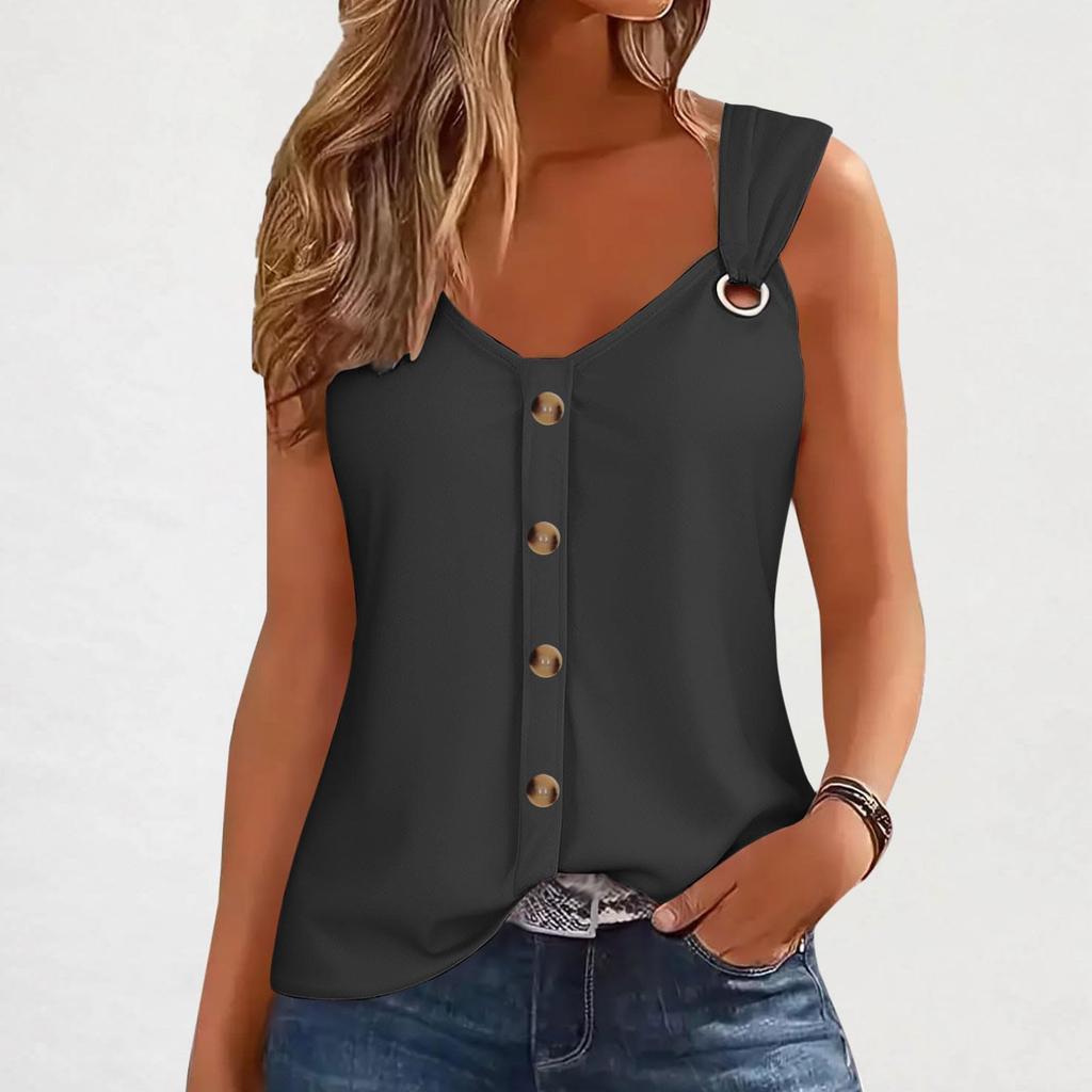 Женская модная повседневная свободная однотонная футболка без рукавов с V-образным вырезом на пуговицах