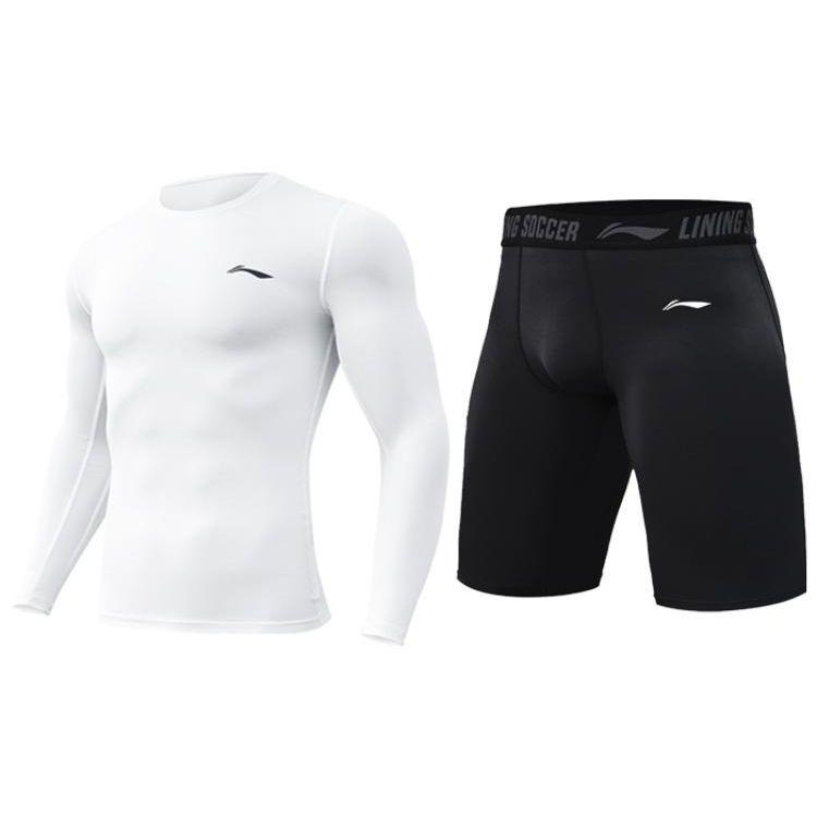 Li Ning Однотонная футболка с круглым вырезом и длинным рукавом и шорты прямого кроя со средней посадкой Фитнес-костюм Мужская спортивная одежда Белый Черный YUDT061-2+YUST013-1