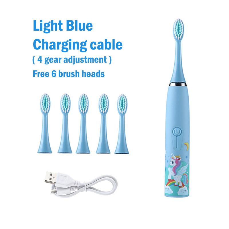 Детская электрическая зубная щетка со сменными насадками, красочная ультразвуковая перезаряжаемая мягкая щетка для чистки волос с мультяшным рисунком
