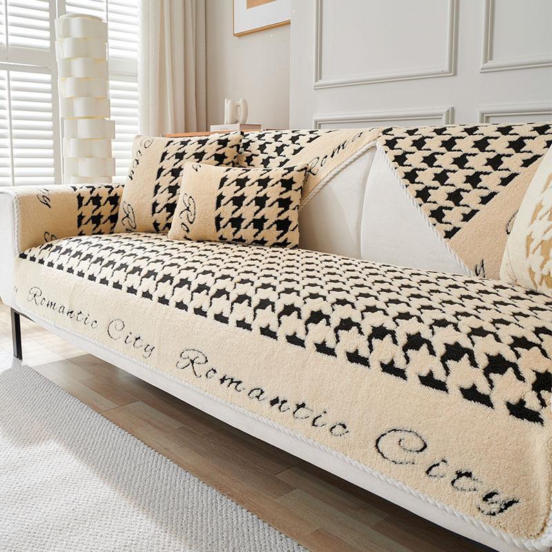 Осенне-зимняя плюшевая подушка для дивана, современный простой нескользящий кожаный чехол для дивана, модный универсальный чехол для дивана с рисунком «гусиные лапки», тканевое полотенце