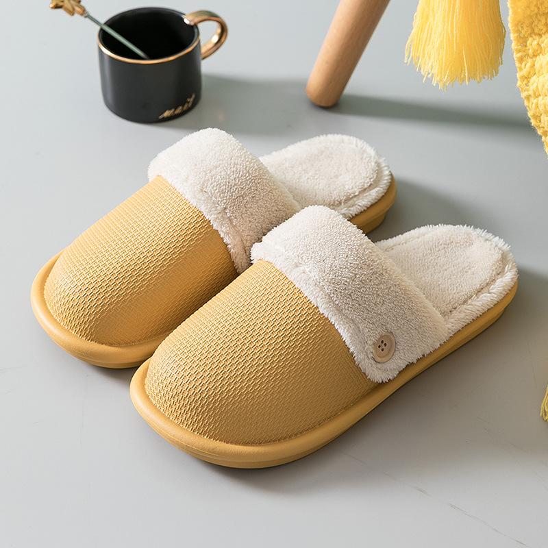 Female And Male Waterproof Cotton Slippers Female's Winter Warm Household Non-Slip Indoor Button Solid Color Plush Slipper